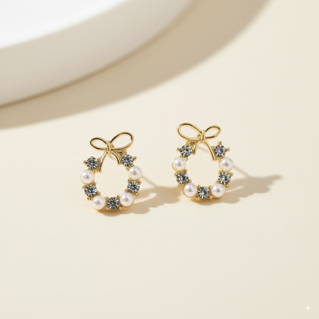 Sparklings Elegant Bow Knot Pearl & Crystal Earrings – Premium Golden Finish Designer Studs for Women