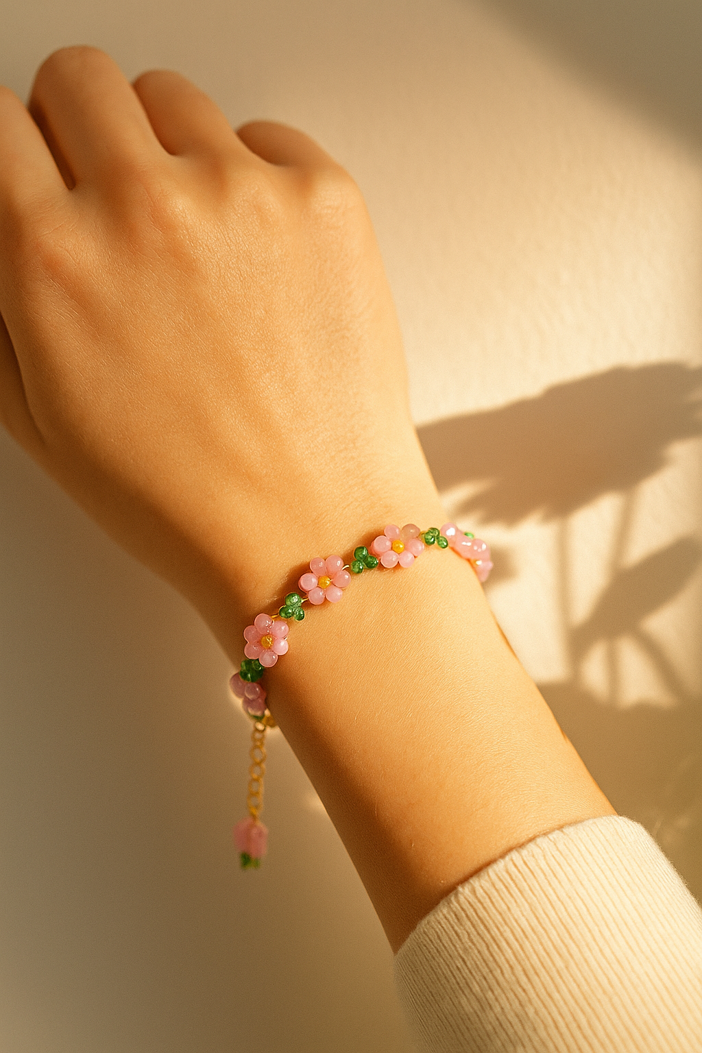 Sparklings Bloom Bracelet – Handcrafted Pink Floral Bead Chain with Gold Accents