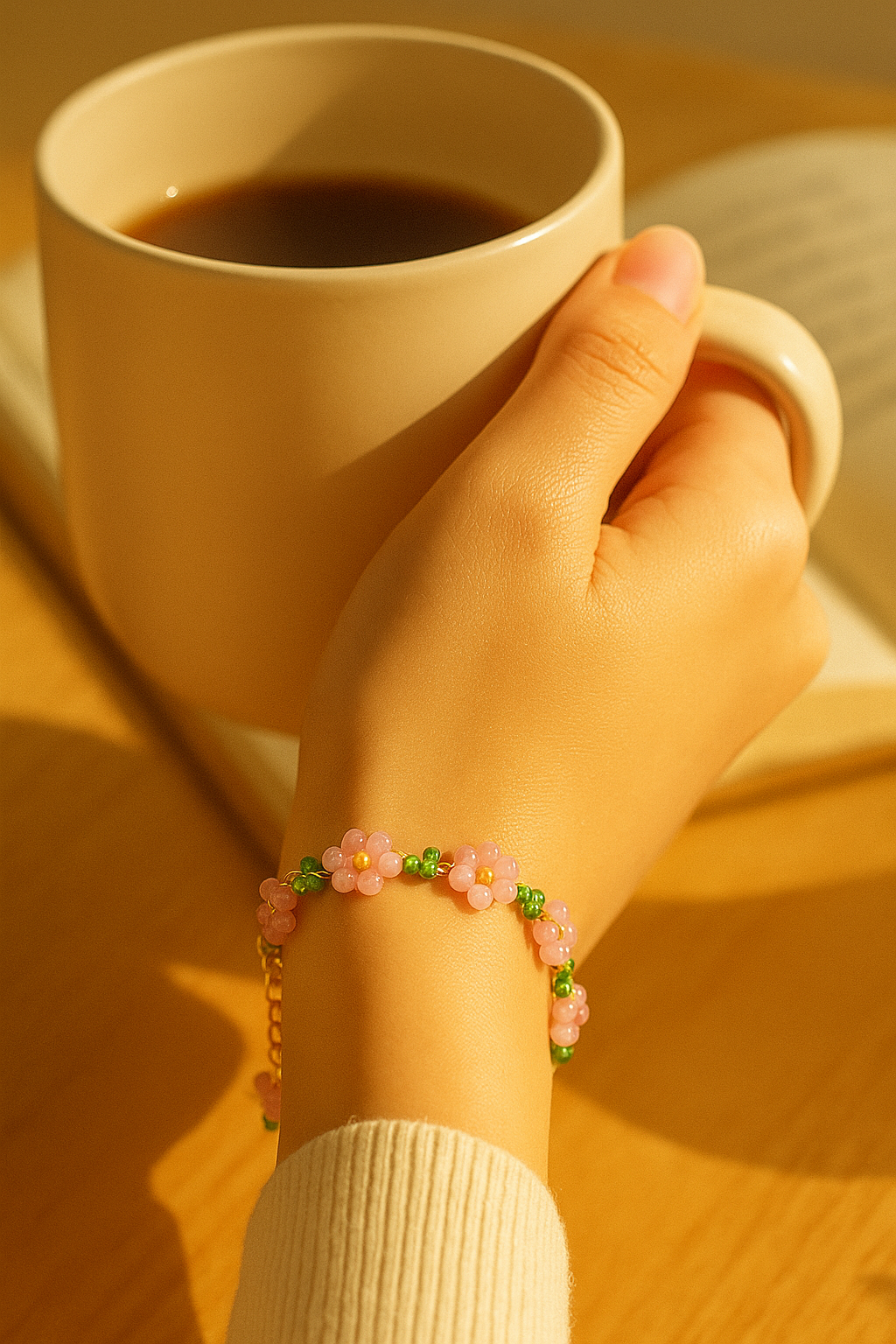Sparklings Bloom Bracelet – Handcrafted Pink Floral Bead Chain with Gold Accents