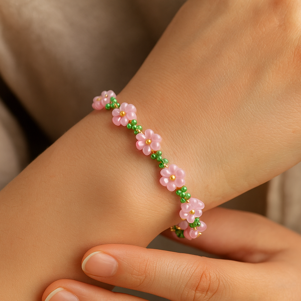 Sparklings Bloom Bracelet – Handcrafted Pink Floral Bead Chain with Gold Accents