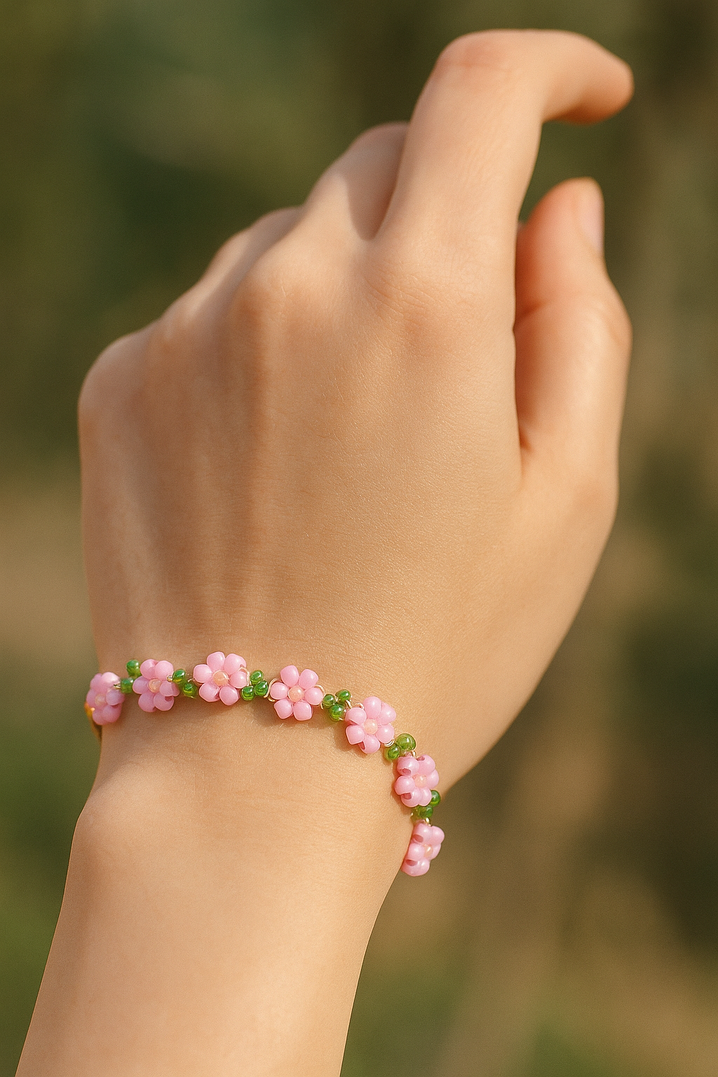 Sparklings Bloom Bracelet – Handcrafted Pink Floral Bead Chain with Gold Accents