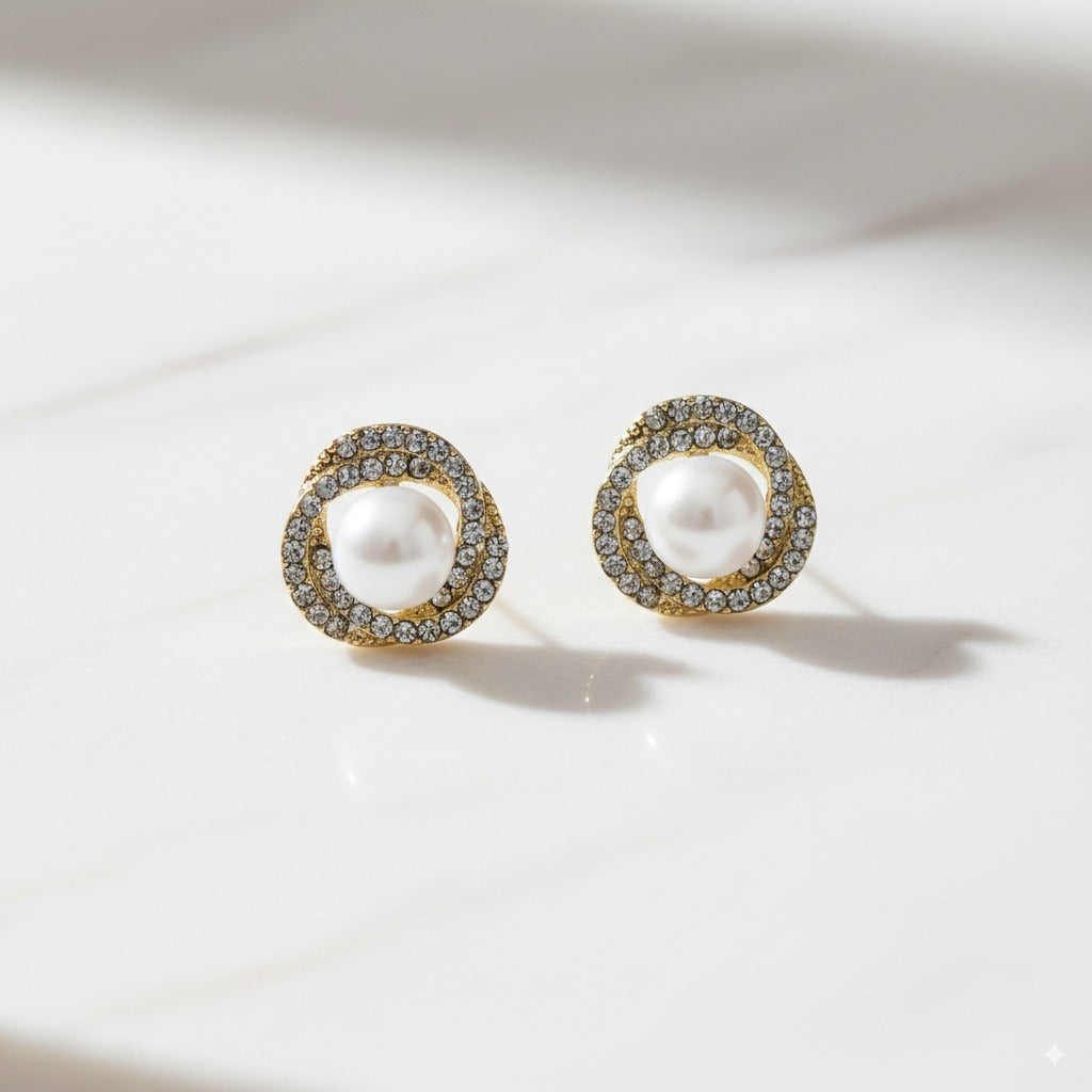 Sparklings Elegant Pearl & Crystal Halo Stud Earrings – Golden Finish
