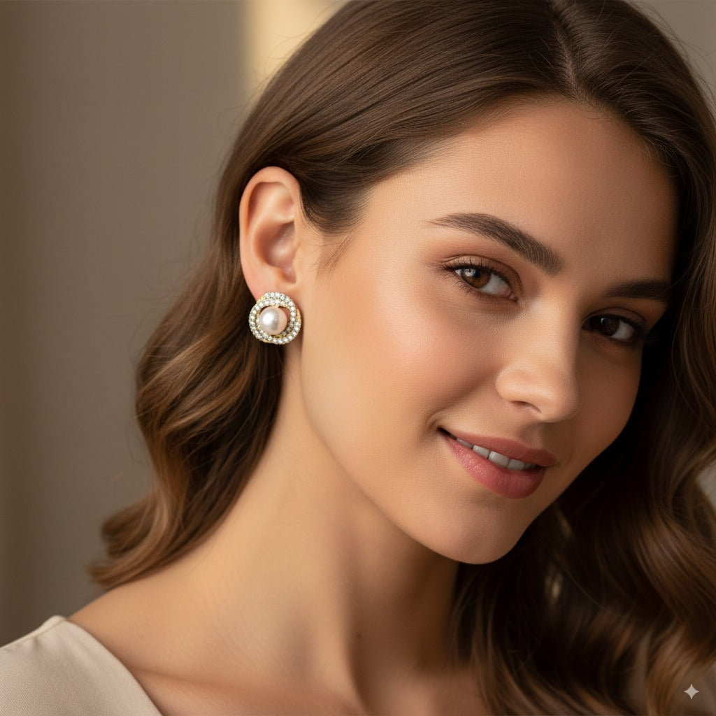 Golden Pearl Halo Stud Earrings – Elegant, Lightweight & Timeless