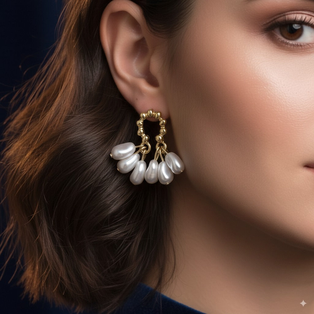 Sparklings Lightweight Elegant Vintage Pearl Earrings – Golden Beaded Hoop Design for Wedding Guests, Parties & Festive Wear