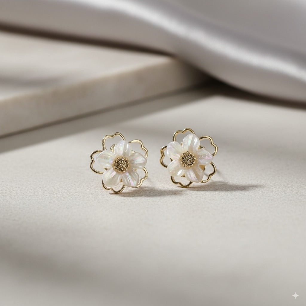 Sparklings Elegant White Floral Stud Earrings – Beautiful Flower Design with Golden Outline & Pearl Shine | Lightweight Daily & Party Wear Jewellery for Women