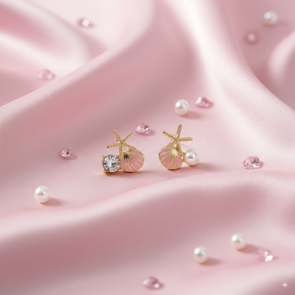 Golden Starfish & Seashell Stud Earrings – Pearl & Crystal Charm