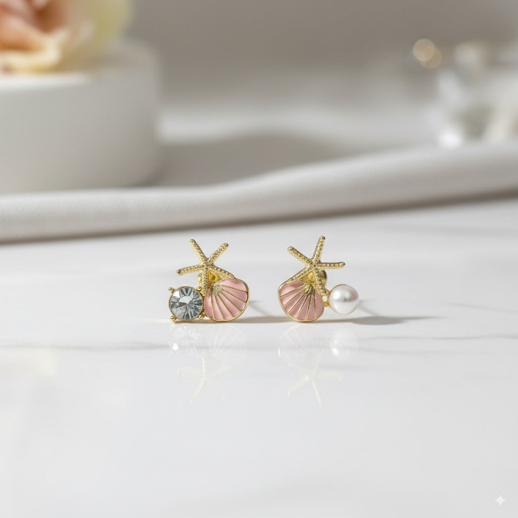 Golden Starfish & Seashell Stud Earrings – Pearl & Crystal Charm