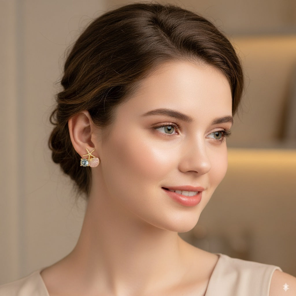 Golden Starfish & Seashell Stud Earrings – Pearl & Crystal Charm