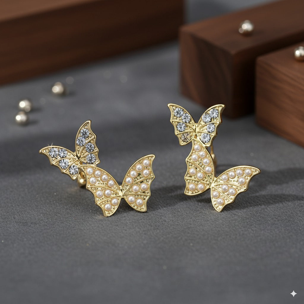 Golden Butterfly Stud Earrings – Pearl & Crystal Elegance