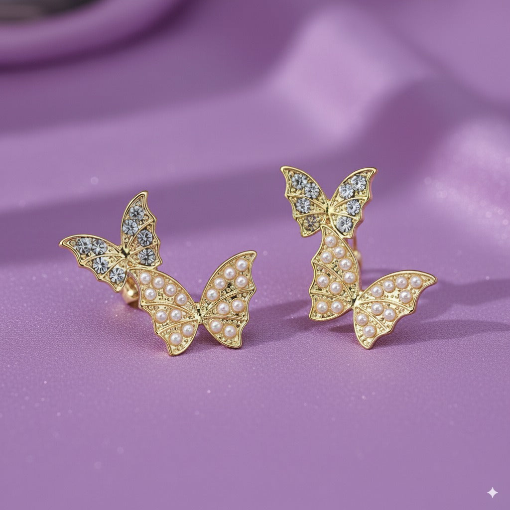 Golden Butterfly Stud Earrings – Pearl & Crystal Elegance