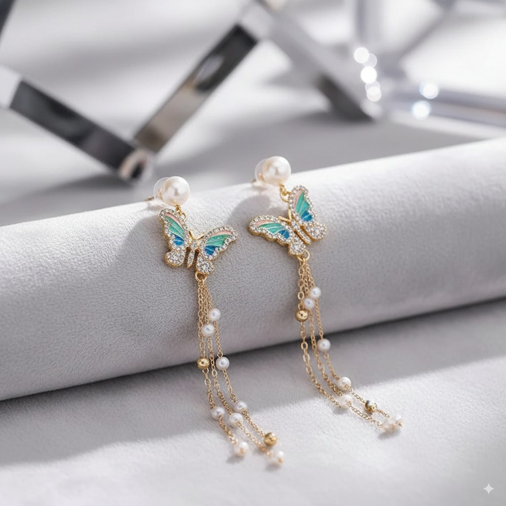 Handcrafted Butterfly Pearl Earrings – Delicate Long Dangle Glamour