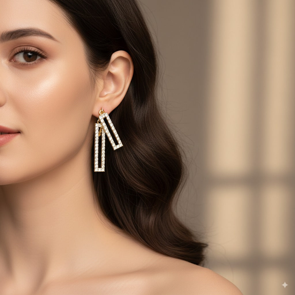 Modern Geometric Gold-Tone Earrings with Sparkling Crystals – Statement Dangle Design