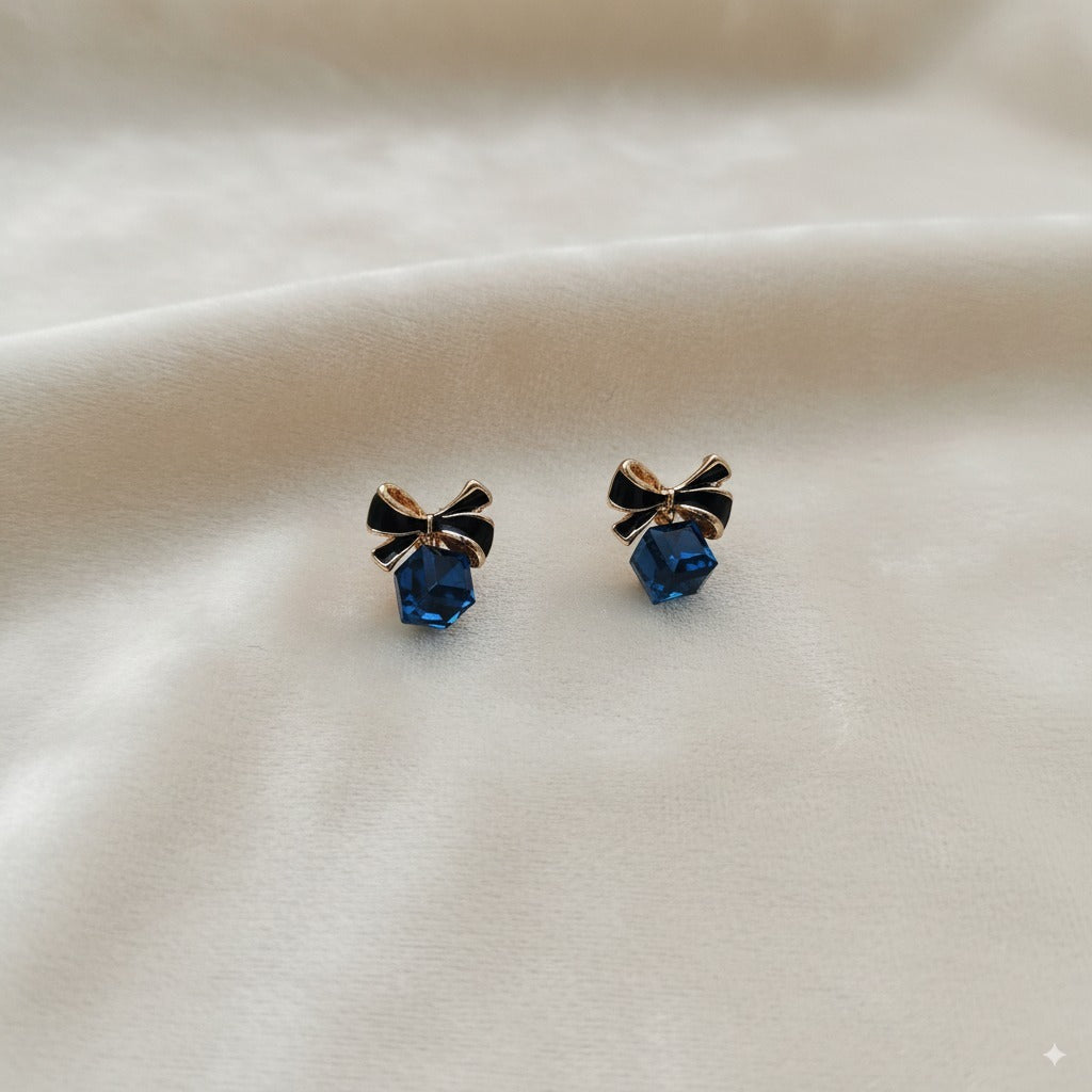 Sparklings Royal Blue Crystal Bow Earrings – Stylish Gold Plated Studs for Modern Women