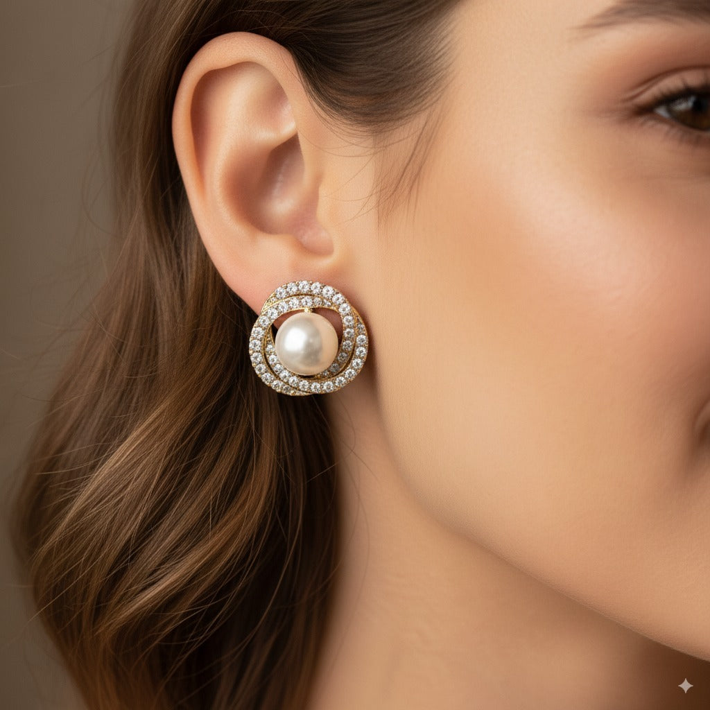 Sparklings Elegant Pearl & Crystal Halo Stud Earrings – Golden Finish