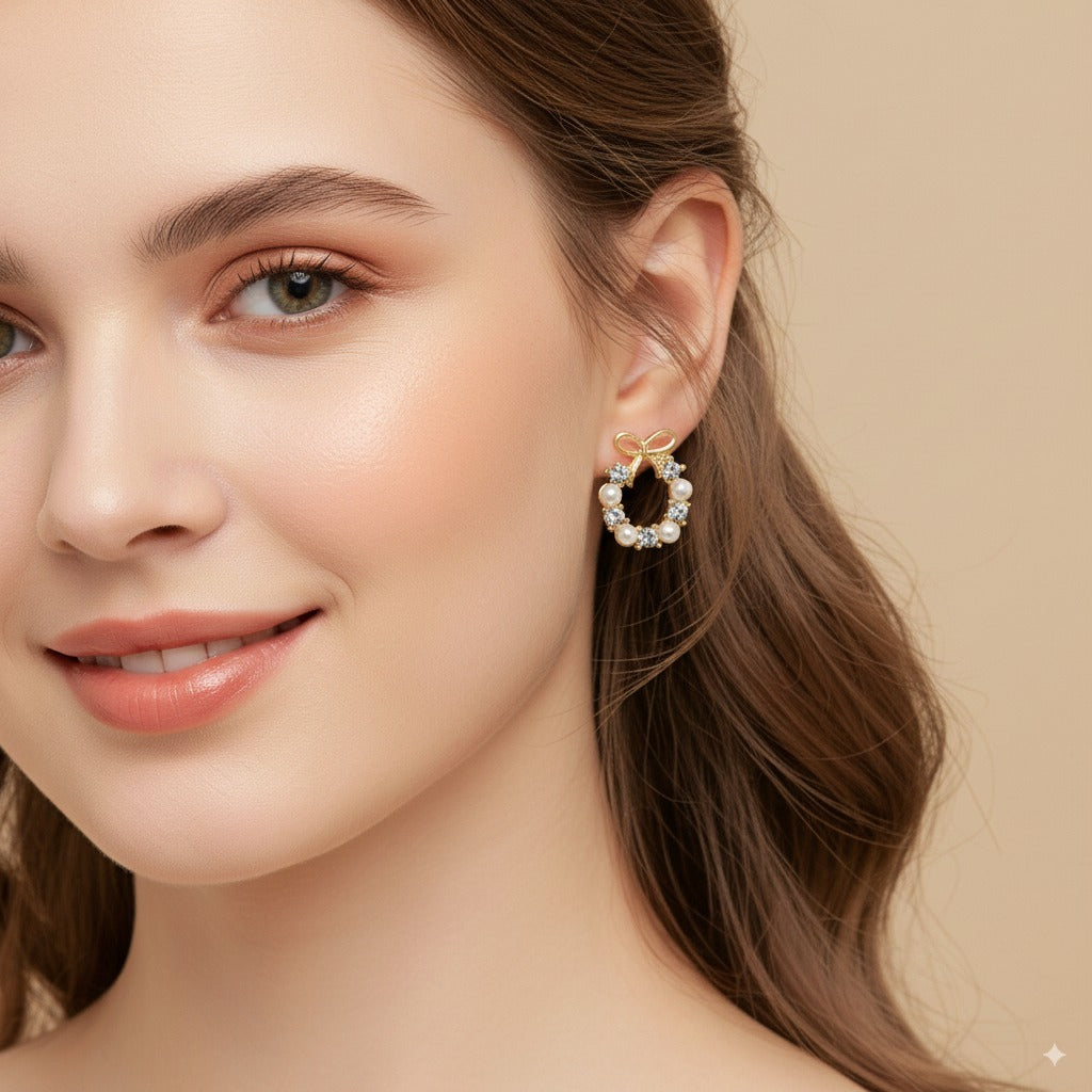 Sparklings Elegant Bow Knot Pearl & Crystal Earrings – Premium Golden Finish Designer Studs for Women