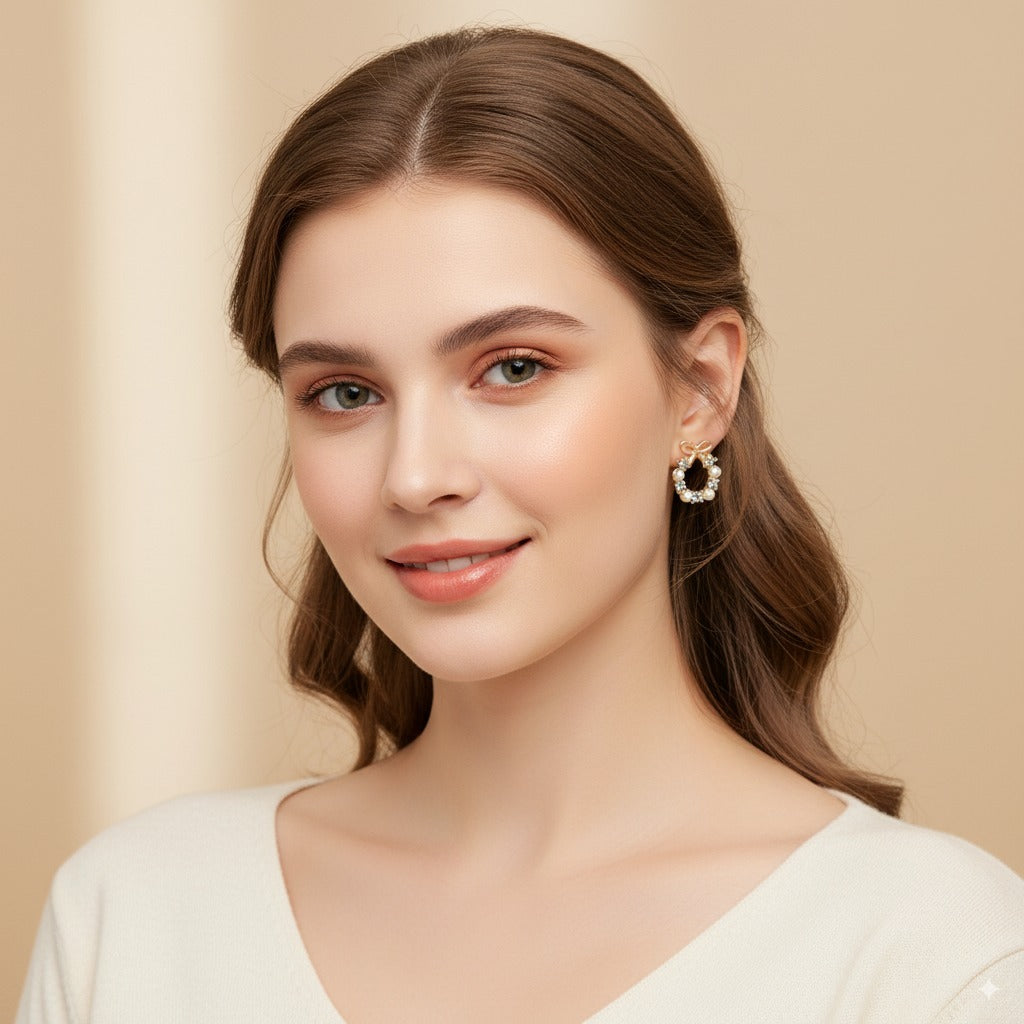 Sparklings Elegant Bow Knot Pearl & Crystal Earrings – Premium Golden Finish Designer Studs for Women