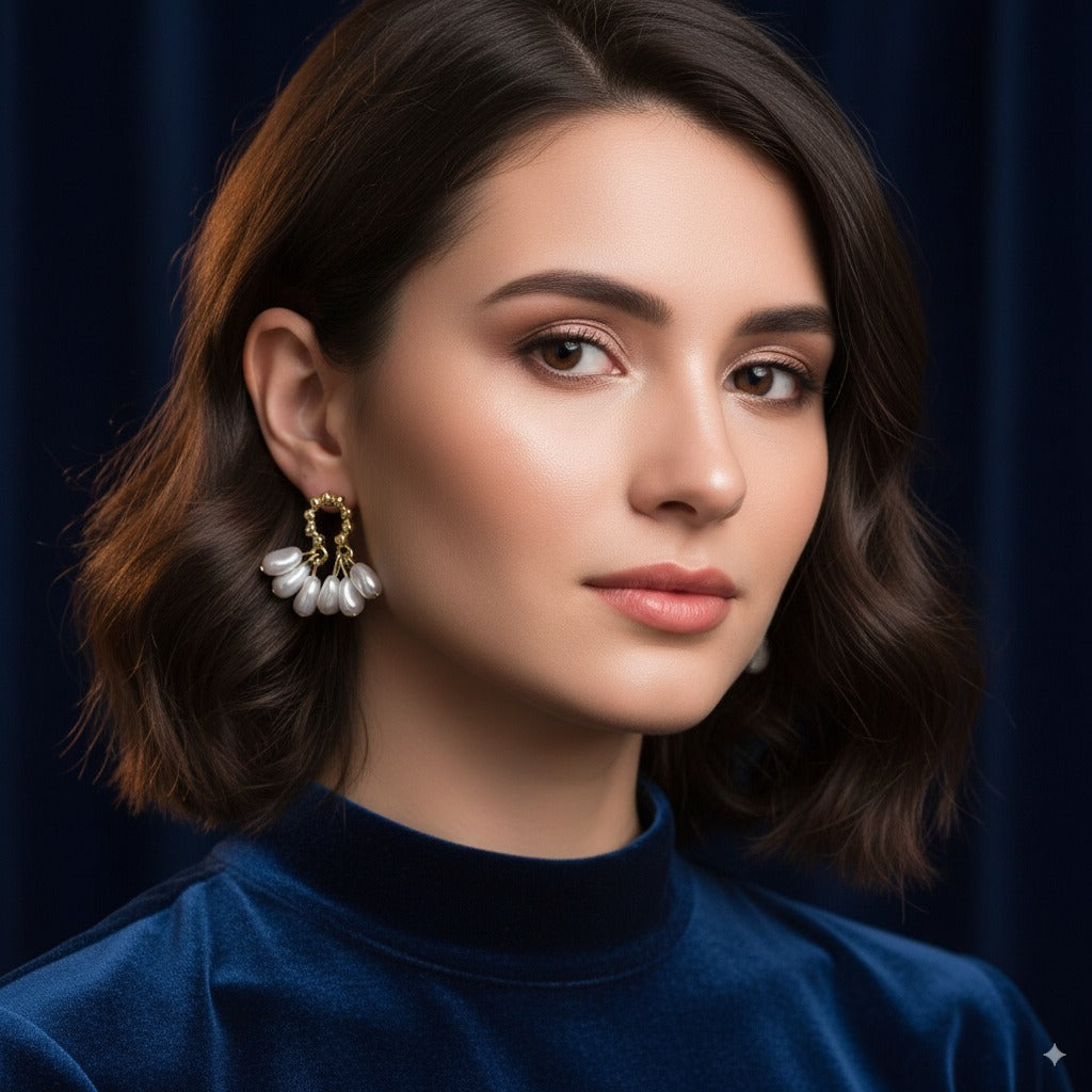 Sparklings Lightweight Elegant Vintage Pearl Earrings – Golden Beaded Hoop Design for Wedding Guests, Parties & Festive Wear
