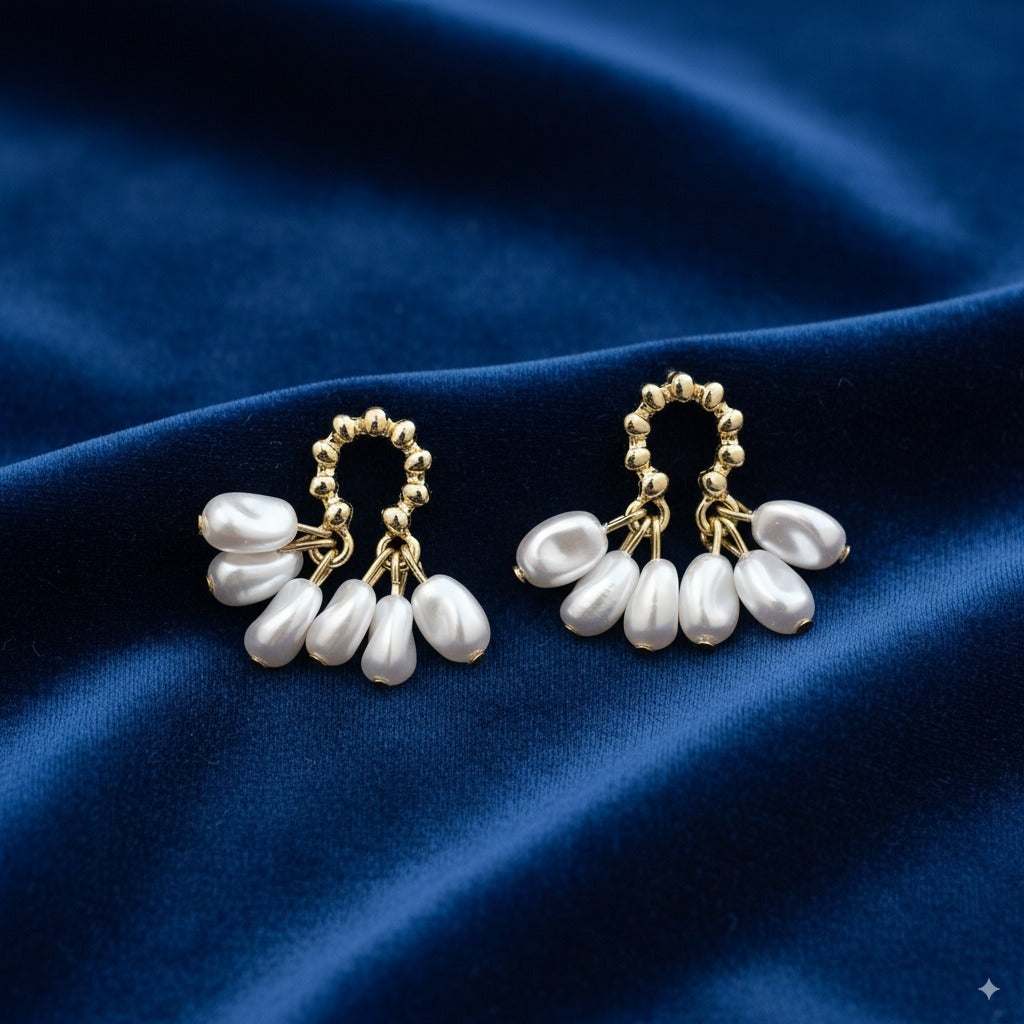 Sparklings Lightweight Elegant Vintage Pearl Earrings – Golden Beaded Hoop Design for Wedding Guests, Parties & Festive Wear