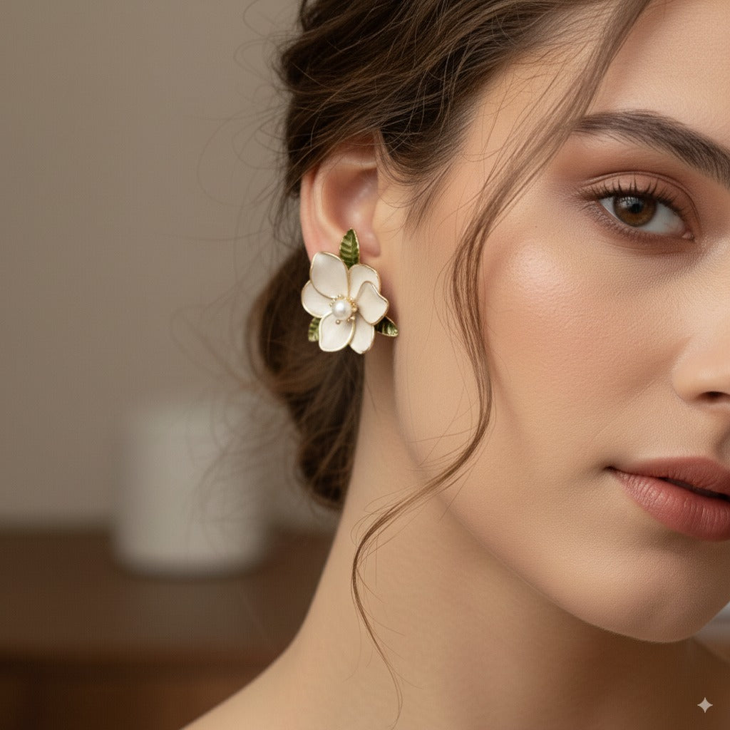 Sparklings Retro Green Flower Stud Earrings – Chic Pearl Accent with Smudged Square Design