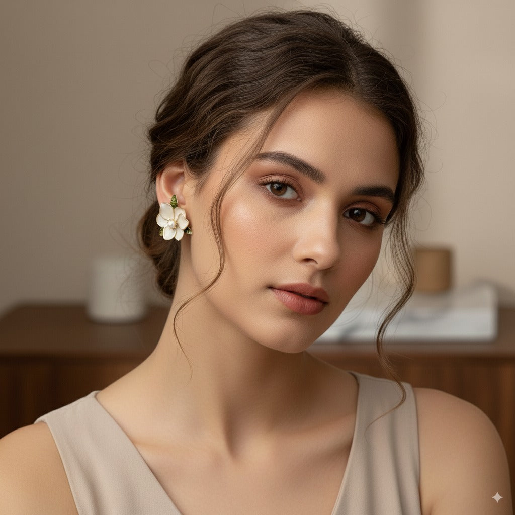Sparklings Retro Green Flower Stud Earrings – Chic Pearl Accent with Smudged Square Design