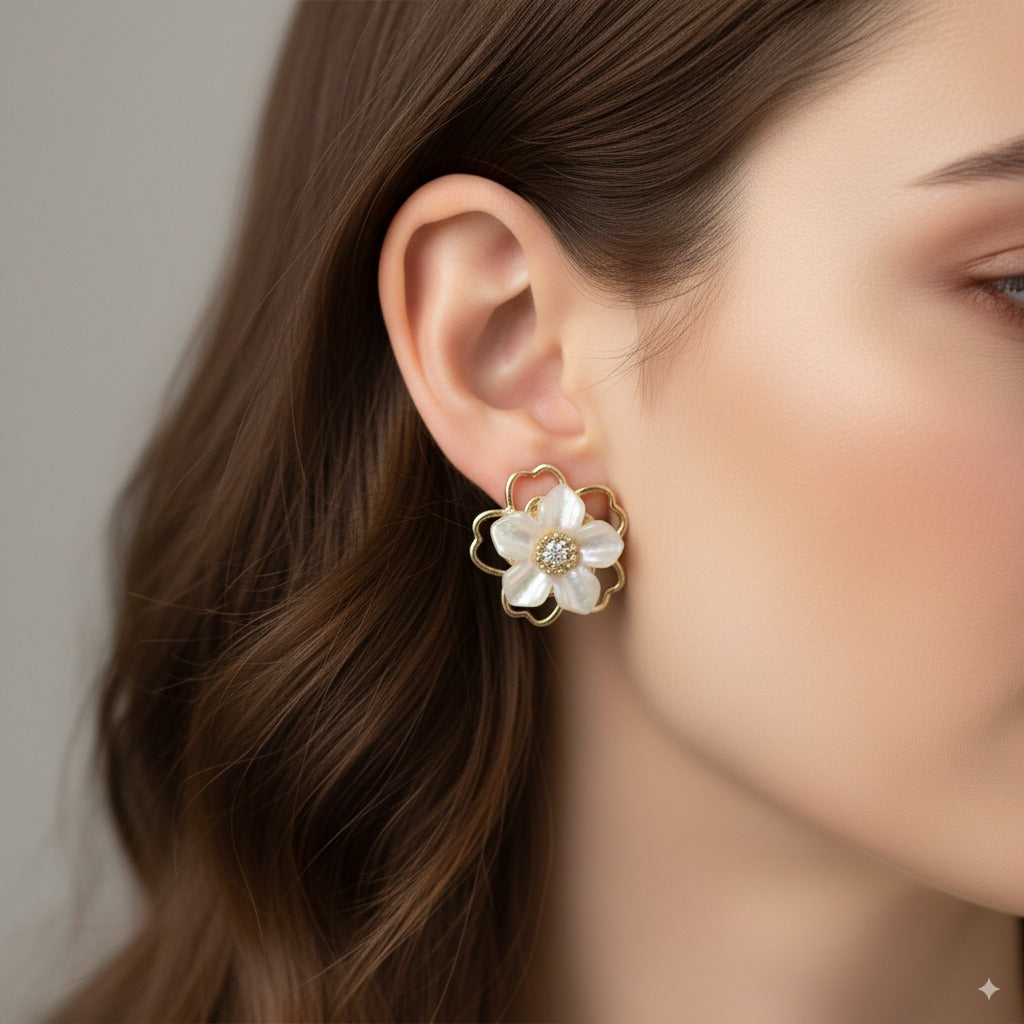 Sparklings Elegant White Floral Stud Earrings – Beautiful Flower Design with Golden Outline & Pearl Shine | Lightweight Daily & Party Wear Jewellery for Women