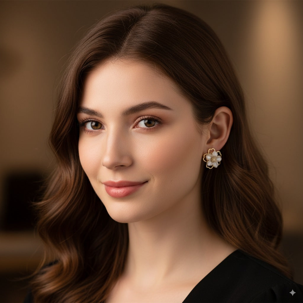 Sparklings Elegant White Floral Stud Earrings – Beautiful Flower Design with Golden Outline & Pearl Shine | Lightweight Daily & Party Wear Jewellery for Women