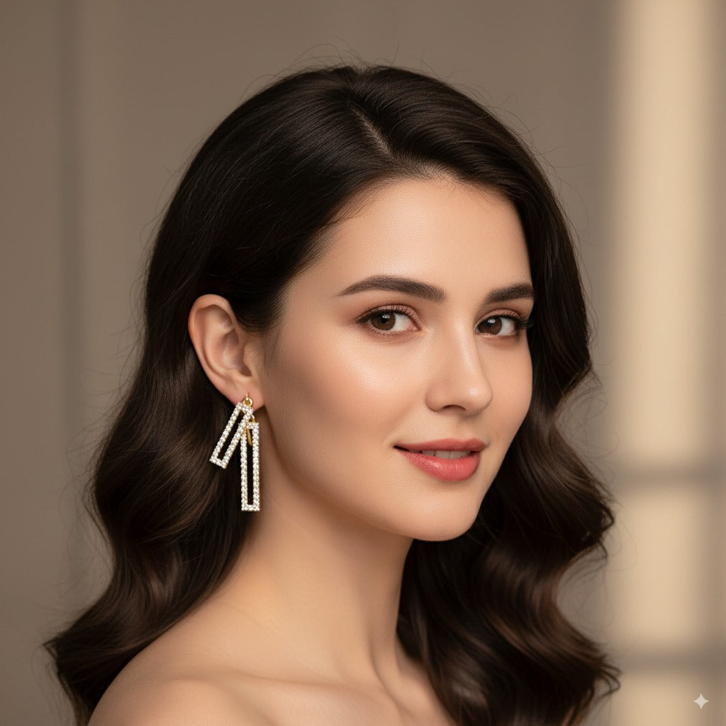 Modern Geometric Gold-Tone Earrings with Sparkling Crystals – Statement Dangle Design