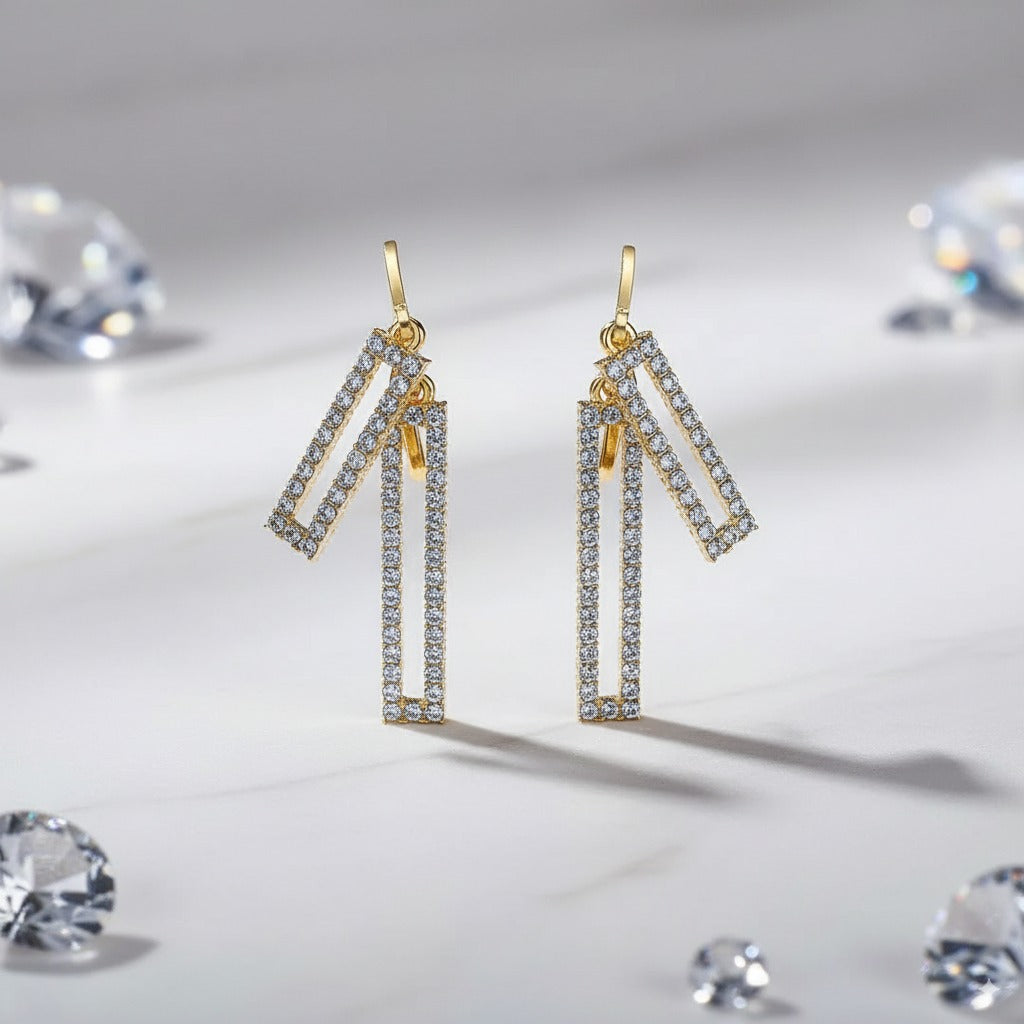 Modern Geometric Gold-Tone Earrings with Sparkling Crystals – Statement Dangle Design