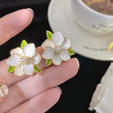Ivory Flower Stud Earrings with Green Leaf Accents – Elegant & Lightweight