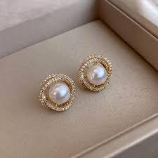 Golden Pearl Halo Stud Earrings – Elegant, Lightweight & Timeless