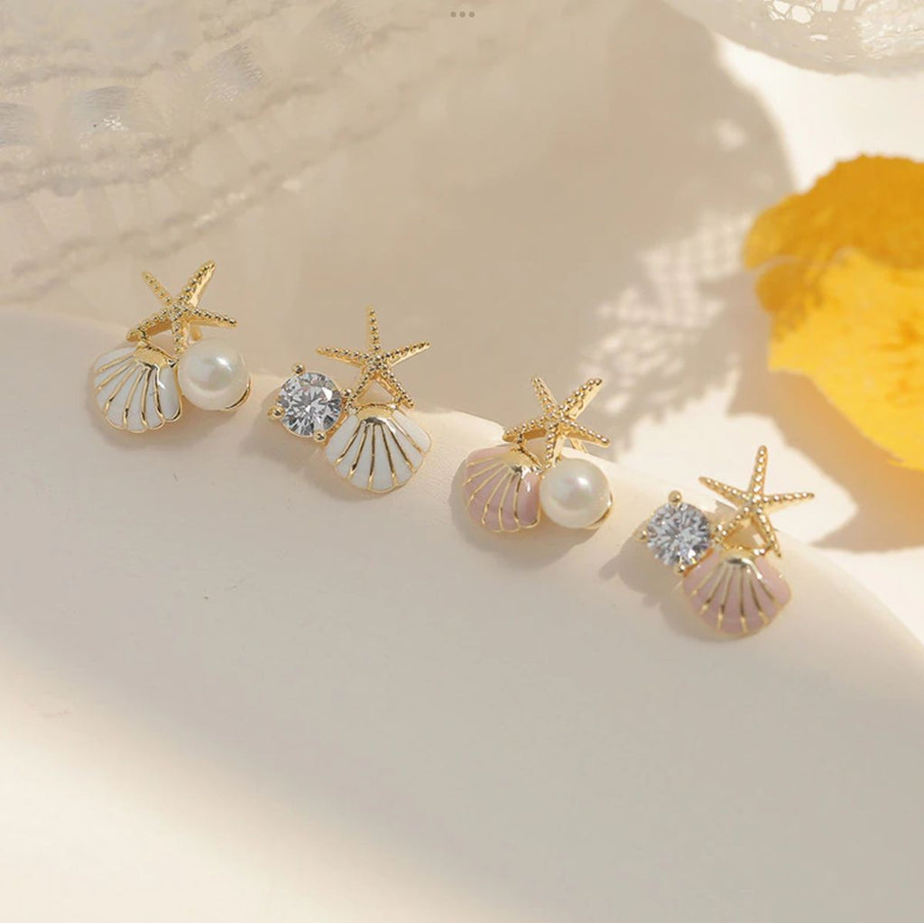 Golden Starfish & Seashell Stud Earrings – Pearl & Crystal Charm