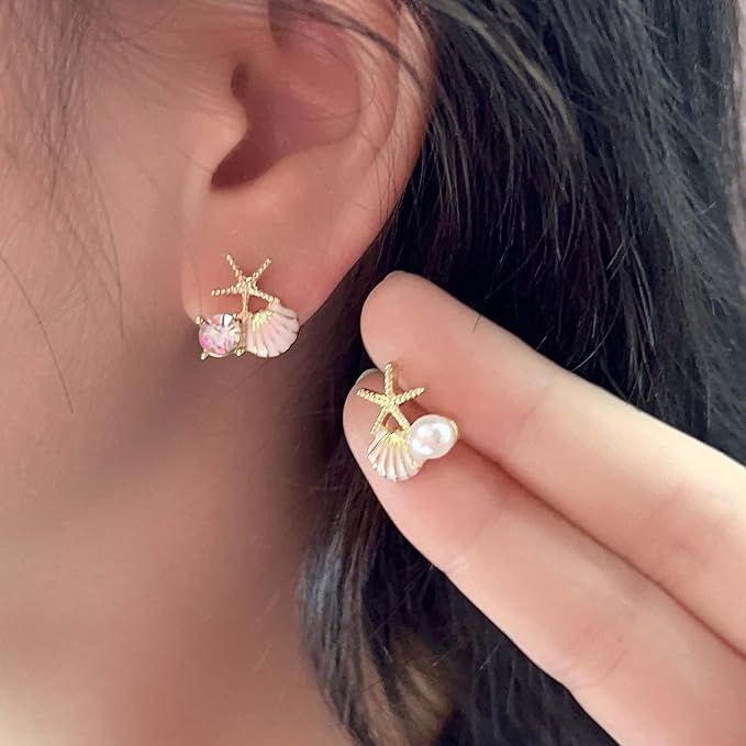 Golden Starfish & Seashell Stud Earrings – Pearl & Crystal Charm